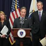 Peter MacKinnon, social worker and DCF president SEIU Local 509, spoke at a press conference along with Governor Charlie Baker (right) and Lieutenant Governor Karyn Polito.