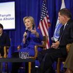 Hillary Clinton and Boston Mayor Martin Walsh spoke during a forum on substance abuse on Thursday in Boston.