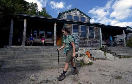 Nineteen-year-old Robyn Lewis of Hobart, Australia continues hiking a portion of the Appalachian Trail after taking a break at the Zealand Hut. 
