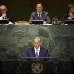 Israel's Prime Minister Benjamin Netanyahu paused during his speech to look at the audience during the 70th session of the United Nations General Assembly at U.N. headquarters. 