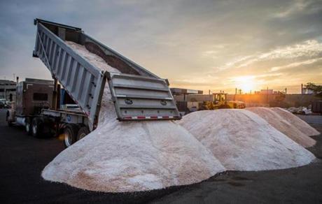 Road salt was delivered last month to a city-owned lot on Frontage Road. Meteorologists say that long-term forecasts call for a mild start to winter, but likely a messy finish.
