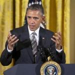 President Barack Obama spoke in the East Room of the White House. 