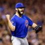 PITTSBURGH, PA - OCTOBER 07: Jake Arrieta #49 of the Chicago Cubs reacts after a double play to end the sixth inning with the bases loaded during the National League Wild Card game against the Pittsburgh Pirates at PNC Park on October 7, 2015 in Pittsburgh, Pennsylvania. (Photo by Jared Wickerham/Getty Images)