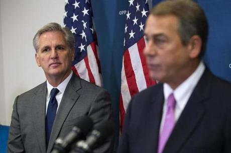 House Majority Leader Kevin McCarthy looked on as House Speaker John Boehner spoke Wednesday.
