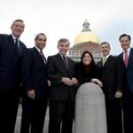 Six Massachusetts governors gathered outside the Statehouse in Boston for a group photo in 2006. They are (from left) William Weld, then governor-elect Deval Patrick, Michael Dukakis, Jane Swift, Paul Cellucci, and Mitt Romney. 