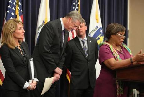Governor Charlie Baker during a State House press conference, where he and child-protection officials announced system-wide reforms to the Department of Children and Families.
