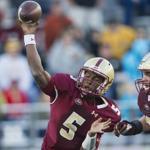Oct 10, 2015; Boston, MA, USA; Boston College Eagles quarterback Jeff Smith (5) throws the ball against against the Wake Forest Demon Deacons during the second half at Alumni Stadium. Wake Forest won 3-0. Mandatory Credit: Gregory J. Fisher-USA TODAY Sports