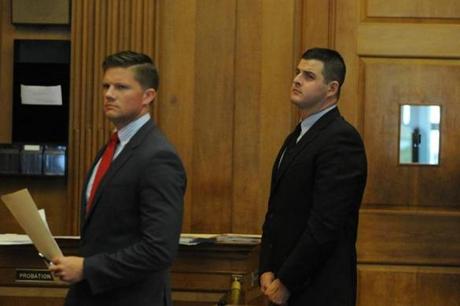 Joseph Ward (right) appeared in Brookline District Court with his attorney, Benjamin Urbelis.
