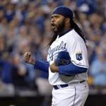 Oct 14, 2015; Kansas City, MO, USA; Kansas City Royals starting pitcher Johnny Cueto reacts after retiring the Houston Astros in the 8th inning in game five of the ALDS at Kauffman Stadium. Mandatory Credit: Denny Medley-USA TODAY Sports