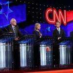 From left: Democratic presidential candidates Jim Webb, Senator Bernie Sanders, Hillary Clinton, Martin O'Malley, and Lincoln Chafee on stage during Tuesday?s debate.