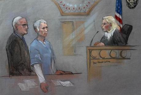 A courtroom sketch depicted Catherine Greig (center) with her lawyer, Kevin Reddington, before US District Court Magistrate Judge Marianne Bowler during a hearing in Boston on Monday.
