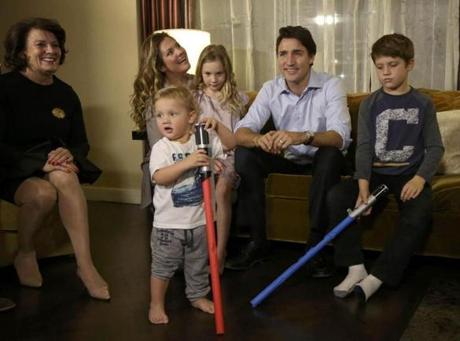 Justin Trudeau, head of Canada?s Liberal Party, watched election returns with his family and his mother. 

