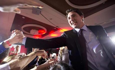Liberal leader Justin Trudeau greeted supporters at the Liberal party headquarters in Montreal on Tuesday.
