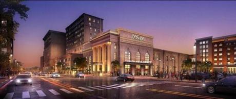 A revised rendering shows the proposed MGM resort in Springfield without a hotel tower, as seen from State Street and MGM Way.
