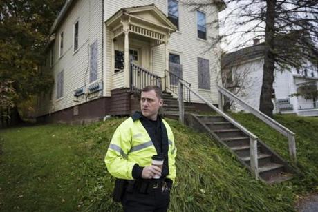 Rutland Police Sergeant Matthew Prouty  paused in front of a house where a meth producer was arrested a few years ago while on a foot patrol in a neighborhood in Northwestern Rutland, Vt.
