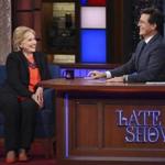 In this image released by CBS, Democratic Presidential candidate Hillary Clinton, left, appears with host Stephen Colbert during a taping of ?The Late Show with Stephen Colbert,? Tuesday.