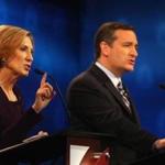 BOULDER, CO - OCTOBER 28: Presidential candidate Carly Fiorina (L) and Sen. Ted Cruz (R-TX) speak during the CNBC Republican Presidential Debate at University of Colorados Coors Events Center October 28, 2015 in Boulder, Colorado. Fourteen Republican presidential candidates are participating in the third set of Republican presidential debates. (Photo by )