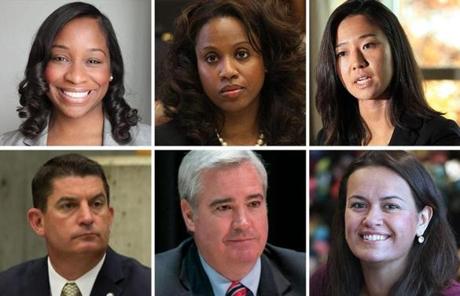 Top row, from left: Andrea Campbell, Ayanna Pressley, and Michelle Wu. Bottom row, from left: Tim McCarthy, Michael Flaherty, and Annissa Essaibi George.
