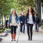 Boston University students Nicole Gergits (left) and Christina Revelli sporting yoga pants on campus.