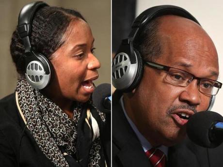 Andrea Joy Campbell (left) and Charles Yancey faced off in a debate on Boston Praise Radio.
