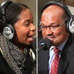 Andrea Joy Campbell (left) and Charles Yancey faced off in a debate on Boston Praise Radio.