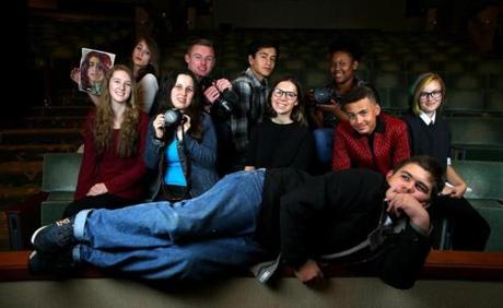 Top: Student filmmakers (front) Liam Mulcahy; (middle row, from left) Audrey Larson, Shay Martin, Margaret Gill, James Sowinski, and Lizzy Embick; (back row, from left) Emily Wood, John Kohler, Kevin Castro, and Rajaiah Jones. 

