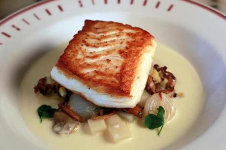 Halibut special with clams, chanterelles, and sweet corn.
