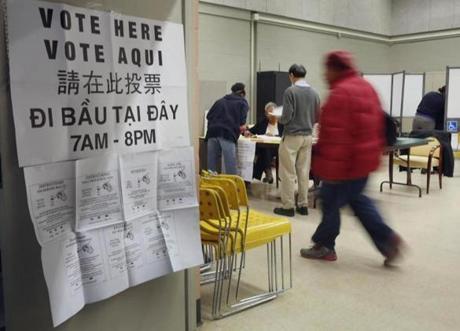 Voter turnout was light as polls opened at the Codman Square Branch of the Boston Public Library in Dorchester on Tuesday.
