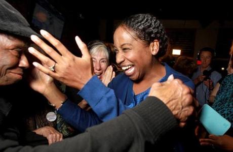 Dorchester, MA: 11-03-15: Boston City Council candidate Andrea Joy Campbell greets wellwishers as she at her election night party at the Blarney Stone in Dorchester, Mass. Nov. 3, 3015. Photo/John Blanding, Boston Globe staff story/Irons, Ryan, Metro ( 04councilelex )
