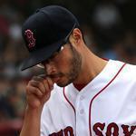 Boston, MA - 08/01/15 - Boston Red Sox starting pitcher Joe Kelly, who was staked to an early 6-0 lead, exits the game in the sixth inning with the sox clinging to a 7-5 lead. The Boston Red Sox take on the Tampa Bay Rays in Game 2 of a three game series at Fenway Park. - (Barry Chin/Globe Staff), Section: Sports, Reporter: Julian Benbow, Topic: 02Red Sox-Rays, LOID: 8.1.2353771858. 
