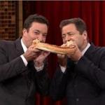 Jimmy Fallon and Nick Offerman share a meat dish on ?The Tonight Show Starring Jimmy Fallon? on Nov. 9, 2015.