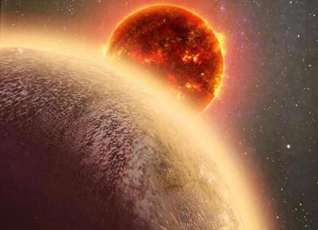 An artist?s conception provided by NASA shows GJ 1132b, foreground, a rocky planet similar to the Earth in size and mass, orbiting a red dwarf star. 
