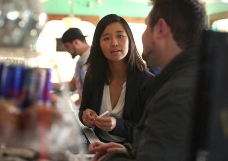 Michelle Wu campaigned for re-election at Victoria's Diner earlier this month.
