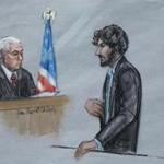 In this courtroom sketch, Boston Marathon bomber Dzhokhar Tsarnaev stood before U.S. District Judge George O'Toole Jr. 