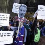 Fantasy sports fans demonstrated outside the Financial District offices of New York state Attorney General Eric Schneiderman, in New York. 