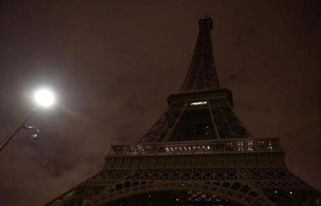 The Eiffel Tower had its lights turned off on Saturday.
