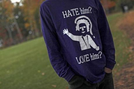 A student with a T-shirt that references the controversy over Amherst College's Lord Jeff mascot, in Amherst, Mass., Oct. 24, 2015. The school's longtime unofficial mascot Lord Jeff -- based on Jeffery Amherst, the 18th-century military commander -- has fallen out of favor with some because in 1763 he endorsed giving smallpox-infected blankets to Native Americans. (Nathaniel Brooks/The New York Times)
