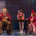Nick Offerman, Talene Monahon (center), and Anita Gillette in the Huntington Theatre Company?s world premiere of ?A Confederacy of Dunces.?