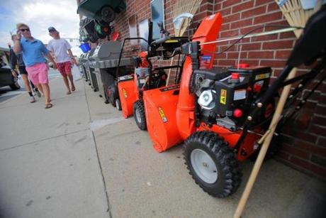 Harvey's Hardware in Needham center had three snowblowers out for sale in August.
