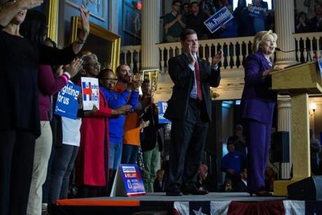 Boston, MA - 11/29/2015 - Boston Mayor Marty Walsh claps as U.S. Presidential candidate Hillary Clinton speaks during a campaign rally at FaneuilHall in Boston, MA, November 29, 2015. (Keith Bedford/Globe Staff) 
