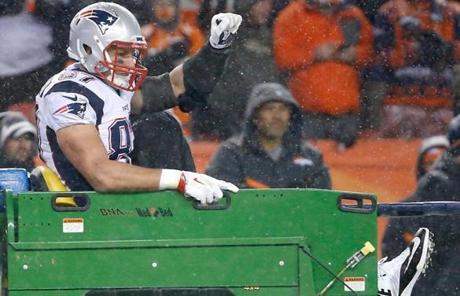 Gronkowski pumped his fist as he was being carted off the field.
