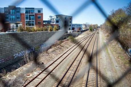 Train tracks along the proposed MBTA Green Line expansion area photographed from Lowell Street in Somerville.
