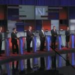 Eight candidates on stage for the Republican debate at the Milwaukee Theatre in Milwaukee, Nov. 10, 2015. From left: Gov. John Kasich, Jeb Bush, Sen. Marco Rubio, Donald Trump, Ben Carson, Sen. Ted Cruz, Carly Fiorina and Sen. Rand Paul. (Michael Appleton/The New York Times)