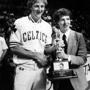 7/23/05 -- OPS -- April 15, 1984 photo -- Larry Bird and Dan Shaughnessy w/Globe award SportsBookDan