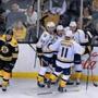 12/07/15: Boston, MA: Nashville's Viktor Arvidsson (center) howls with delight after breaking a 2-2 tie in the third period, the Bruins Mat Beleskey ((39) and the fans don't. The Boston Bruins hosted the Nashville Predators in a regular season NHL hockey game at the TD Garden. (Globe Staff Photo/Jim Davis) section:sports topic:Bruins-Predators (1)