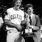 In  April 1984, young Globe Celtics writer Dan Shaughnessy presented Larry Bird with the Globe?s Jack Barry Award.