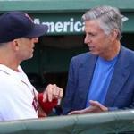Boston- 09/26/15 - Red Sox vs Orioles- Sox interim manager Torey Lovullo chats with Sox executive Dave Dombrowski in the dugout before the game.Boston Globe staff photo by John Tlumacki(sports)