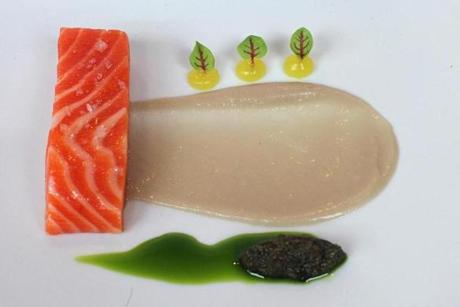 At Tasting Counter, ocean trout, shallot, basil, fermented soybean, and orange blossom.

