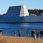 The US Navy?s first Zumwalt-class destroyer left the Kennebec River, passing a crowd of spectators near Fort Popham on Monday.
