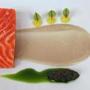 At Tasting Counter, ocean trout, shallot, basil, fermented soybean, and orange blossom.